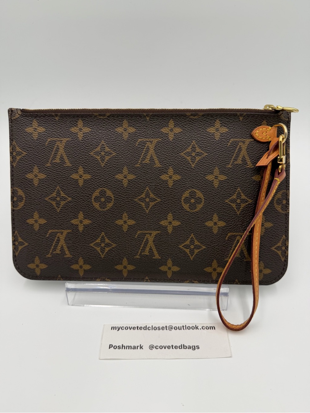 🤎Louis Vuitton Neverfull Pouch MM Monogram w/Beige Wristlet Entrupy COA
